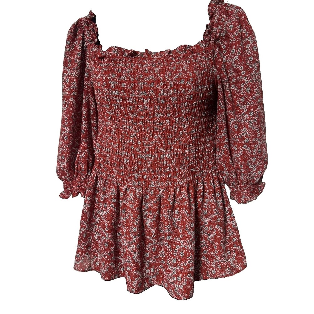 Max‎ Studio Red Floral Smocked Top Milkmaid Cottagecore Prairie Soft Girl Size S